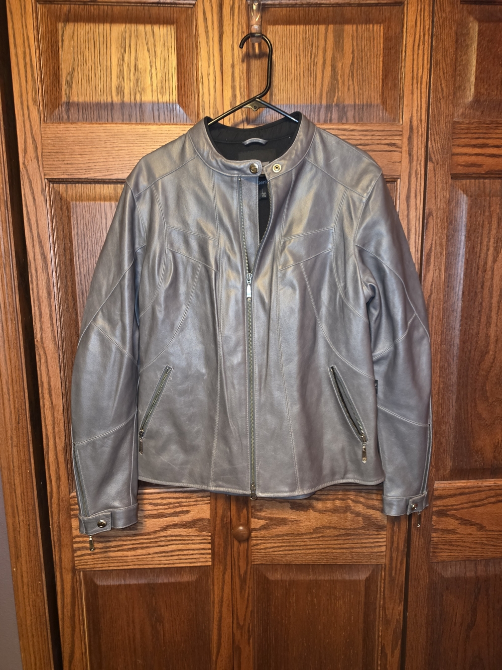 Women's Gray Leather Jacket - Classic Zip Front